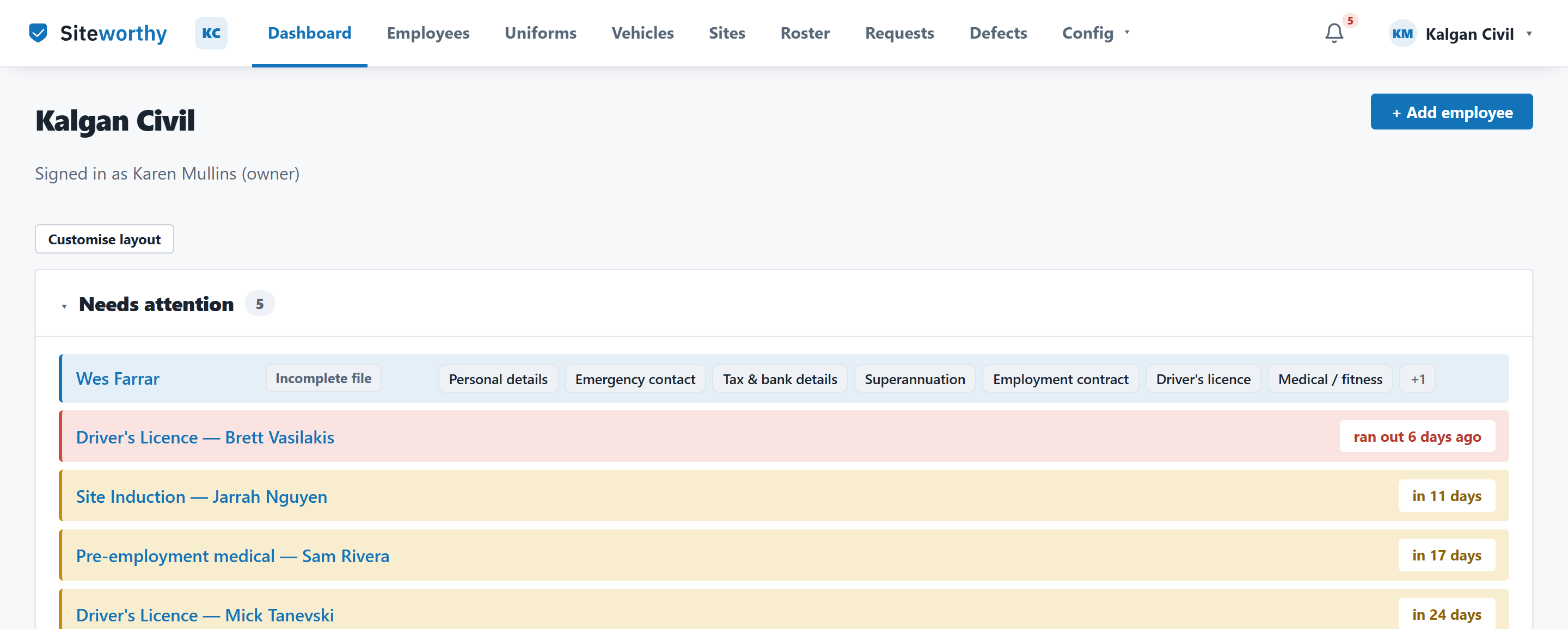 The Siteworthy dashboard: a Needs attention list showing an expired driver's licence, a site induction due in 11 days, a medical due in 17 days, and an expiry summary across licences, medicals, inductions, training and vehicles.